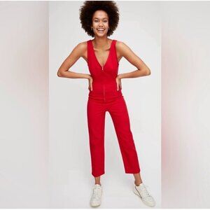 Aritzia Wilfred Free Teresa Denim Jumpsuit Size 0 Red Cropped V-Neck Sleeveless